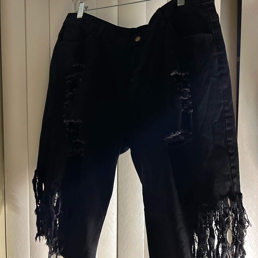 Distressed Black Capri Jeans Fringe Biker/ Goth